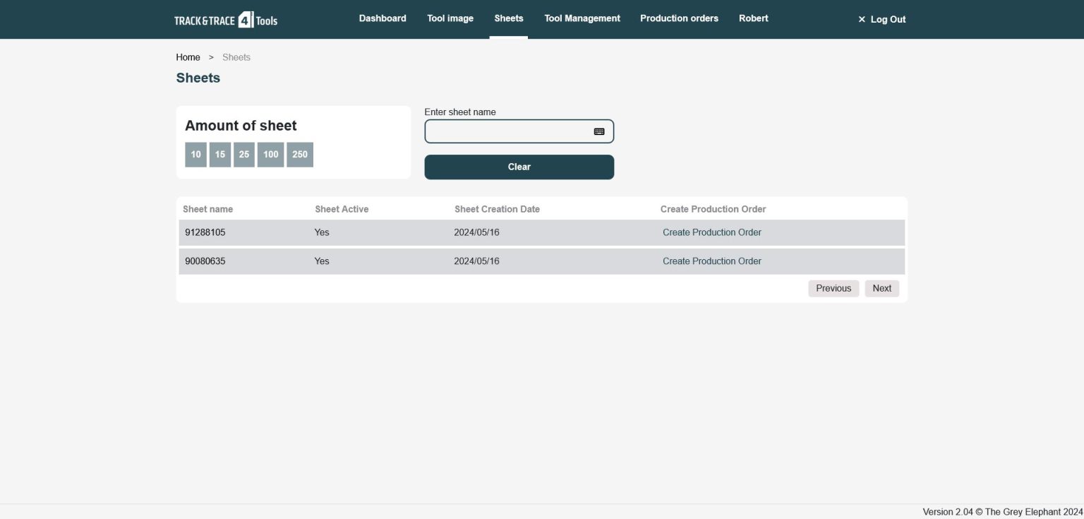 Track&Trace4Tools Sheets Management Screenshot